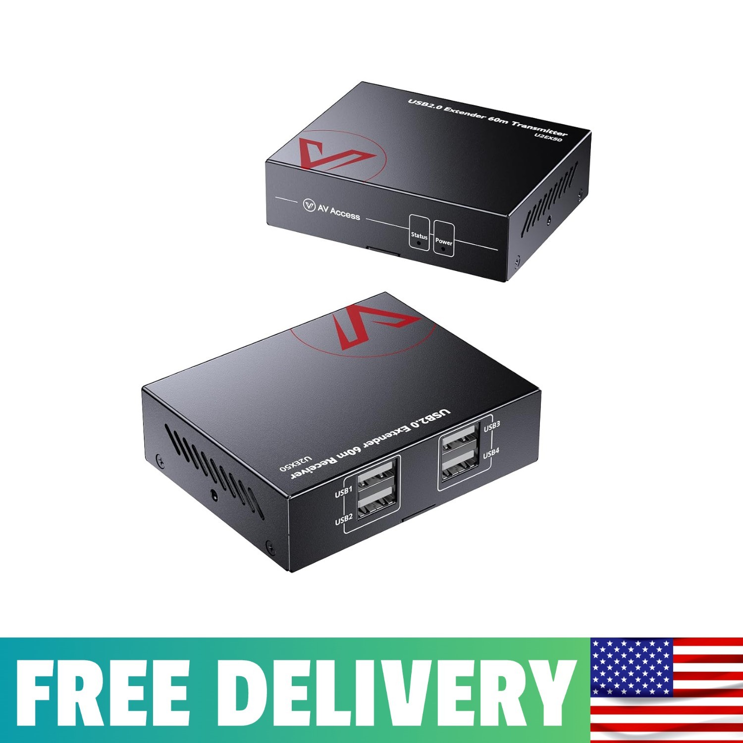 AV Access USB Over Ethernet Extender Kit, USB 2.0 480Mbps, 4-Port Hub