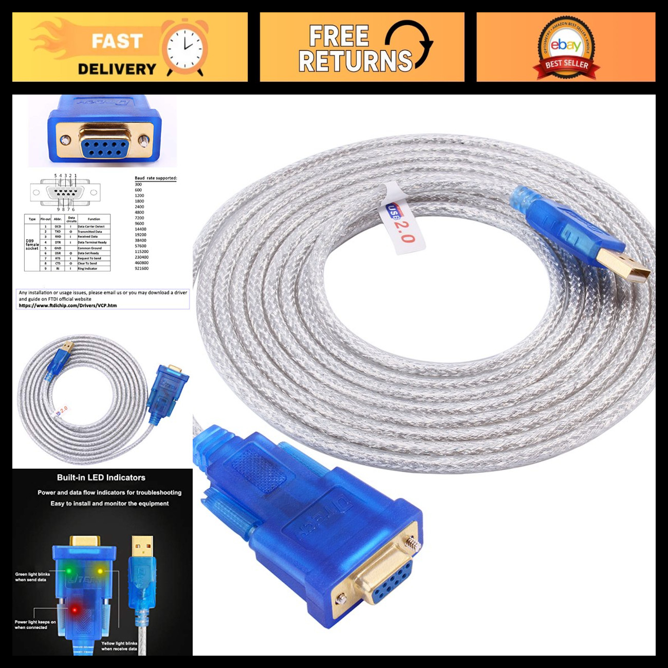 USB to Serial Adapter 10ft RS232 DB9 Female Cable FTDI Chipset Windows Mac Linux