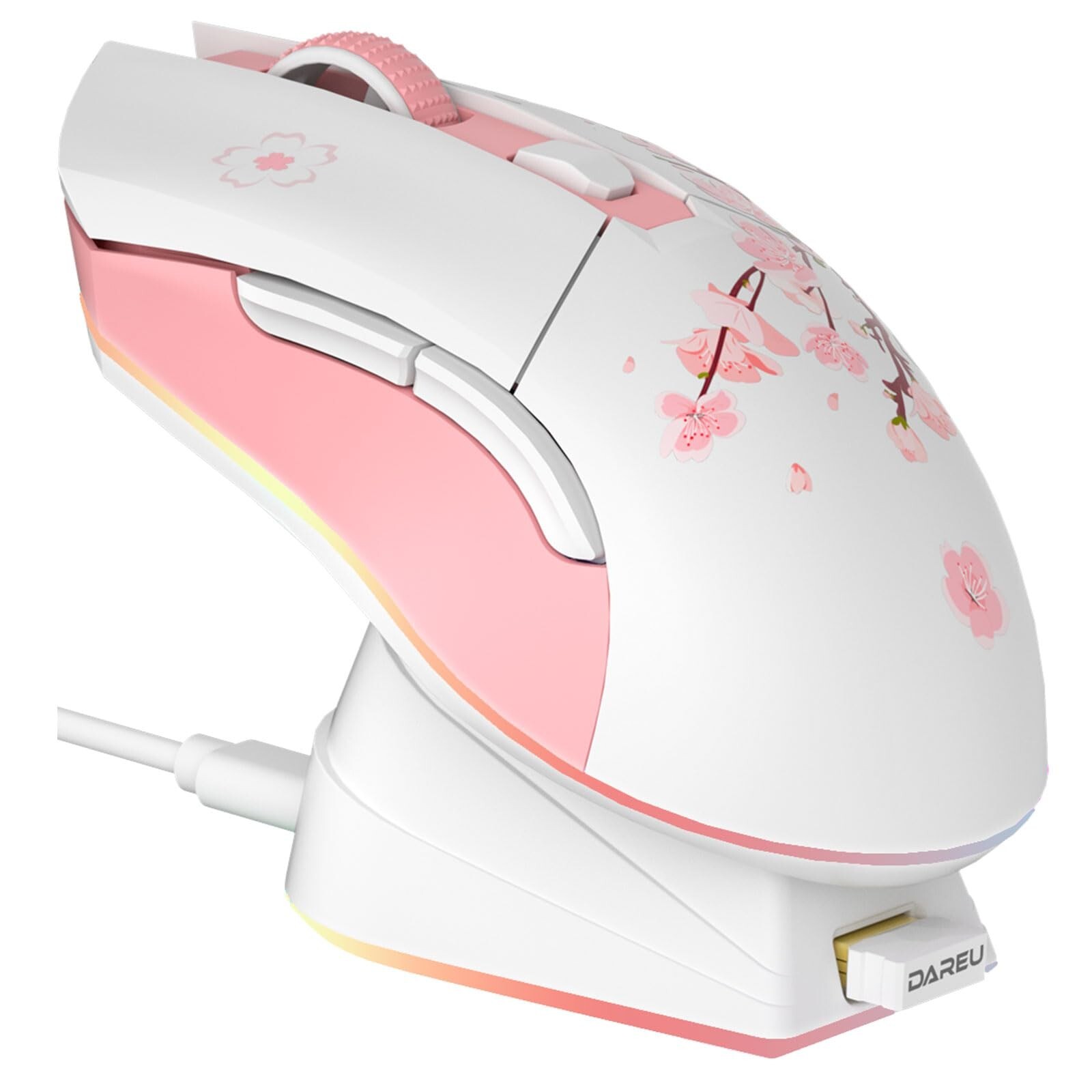 DAREU Sakura Pink Wireless Gaming Mouse with Charging Dock Rechargeable RGB,1...