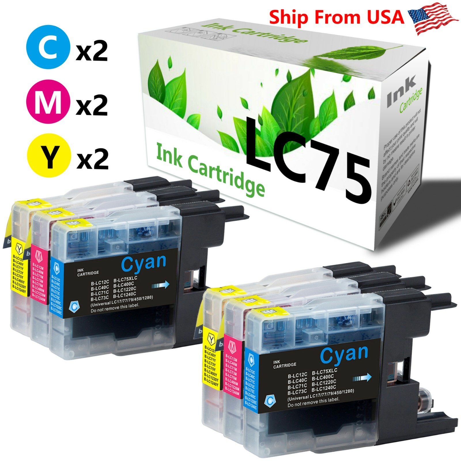 6PK LC75 LC75XL LC-75 Ink Cartridge for MFC-J6510DW MFC-J430W Inkjet Printer
