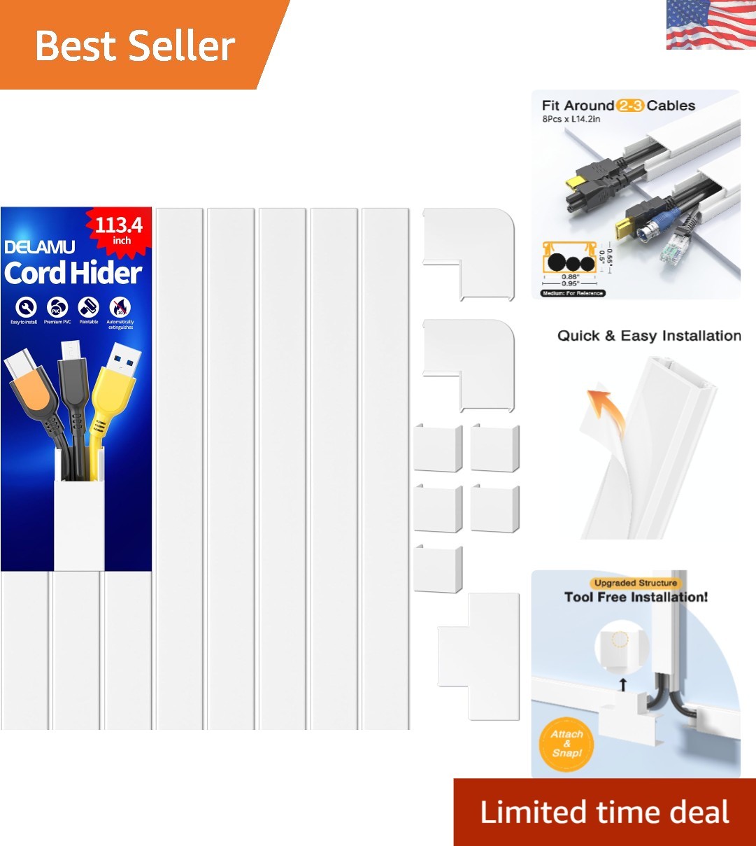 Paintable 113.4in Cord Cover for Wall - Easy Snap Installation, Modern Design