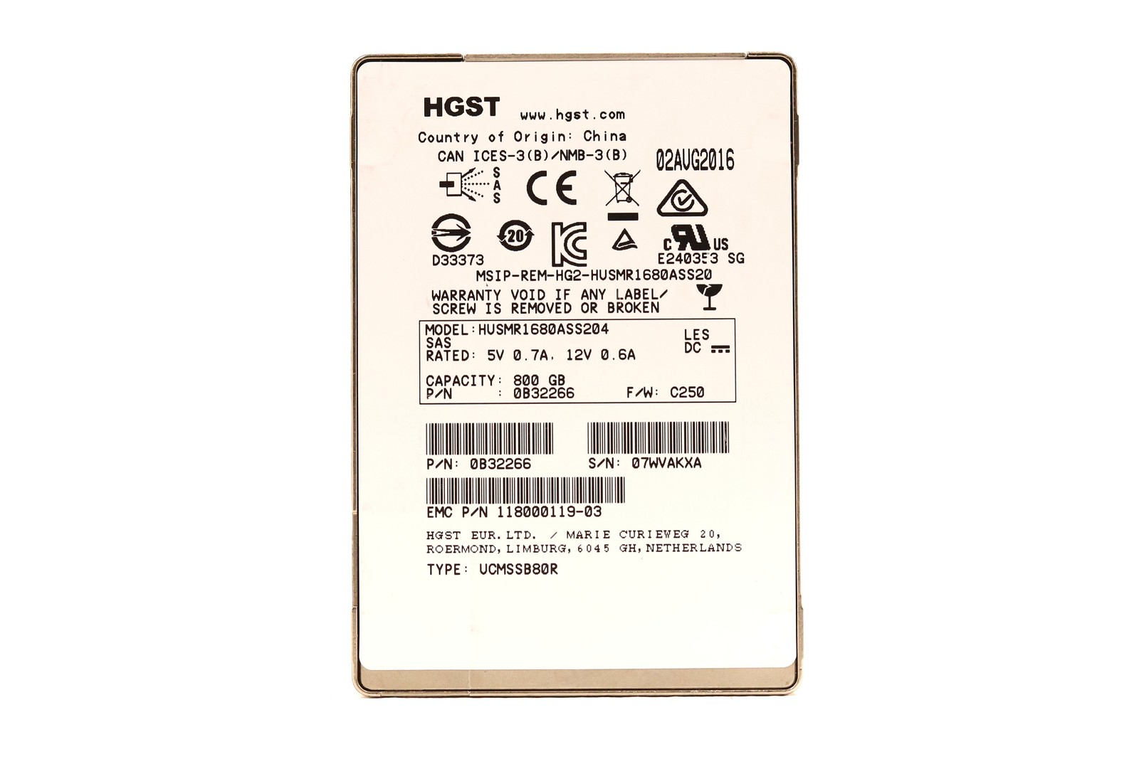 EMC HUSMR1680ASS204 800GB 2.5" 12Gb/s 10K RPM SAS Hard Drive P/N: 118000119-03