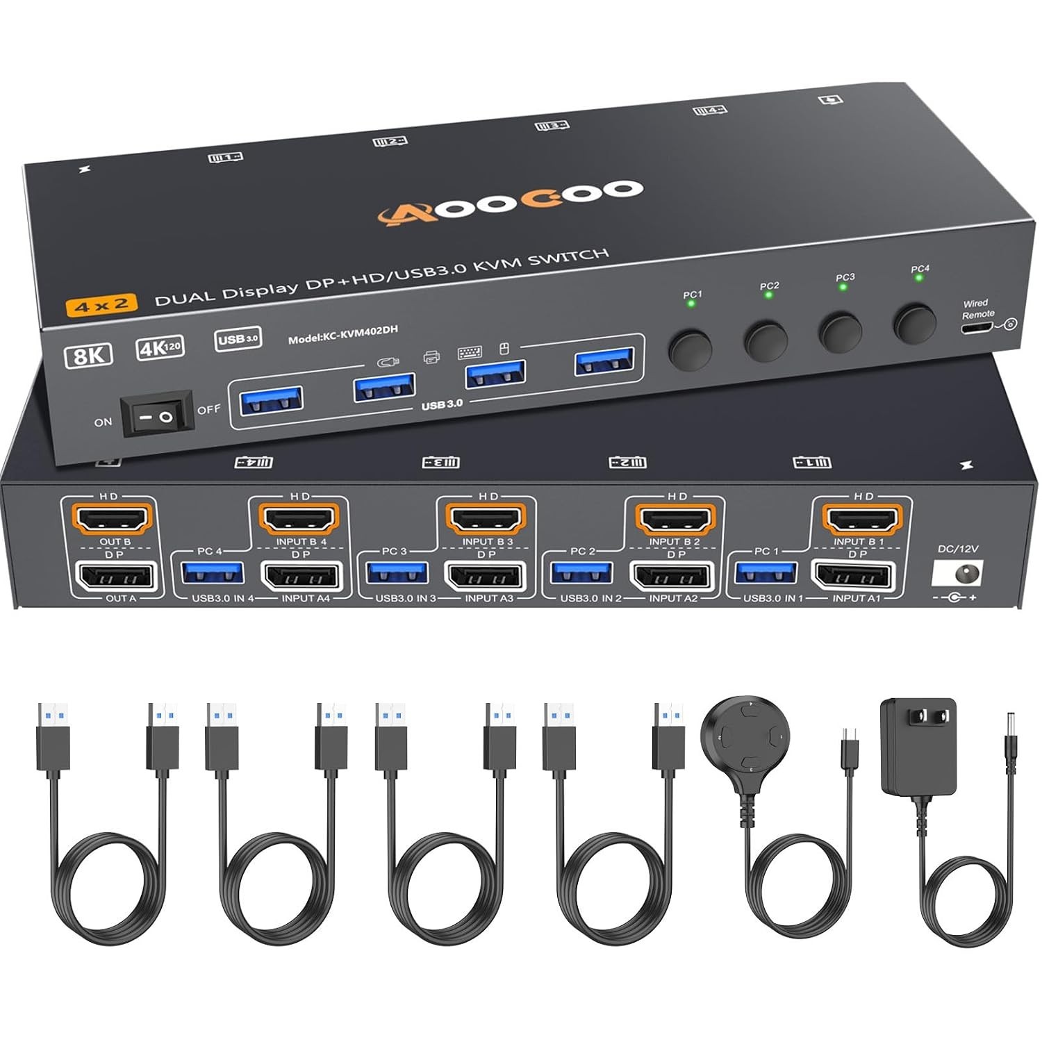 HDMI Displayport KVM Switch 4 Computers 2 Monitors, 8K@60Hz/4K@144Hz Dual Monito