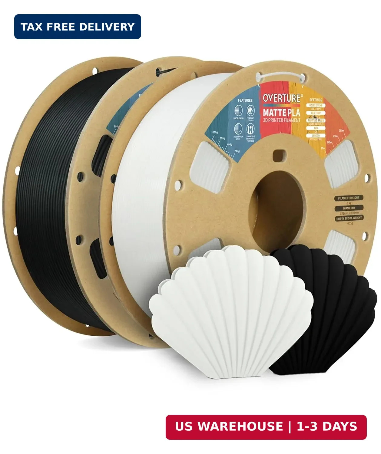 OVERTURE 2KG Bundle Matte PLA 3D Printer Filament 1.75mm, Matt Surface & Low War