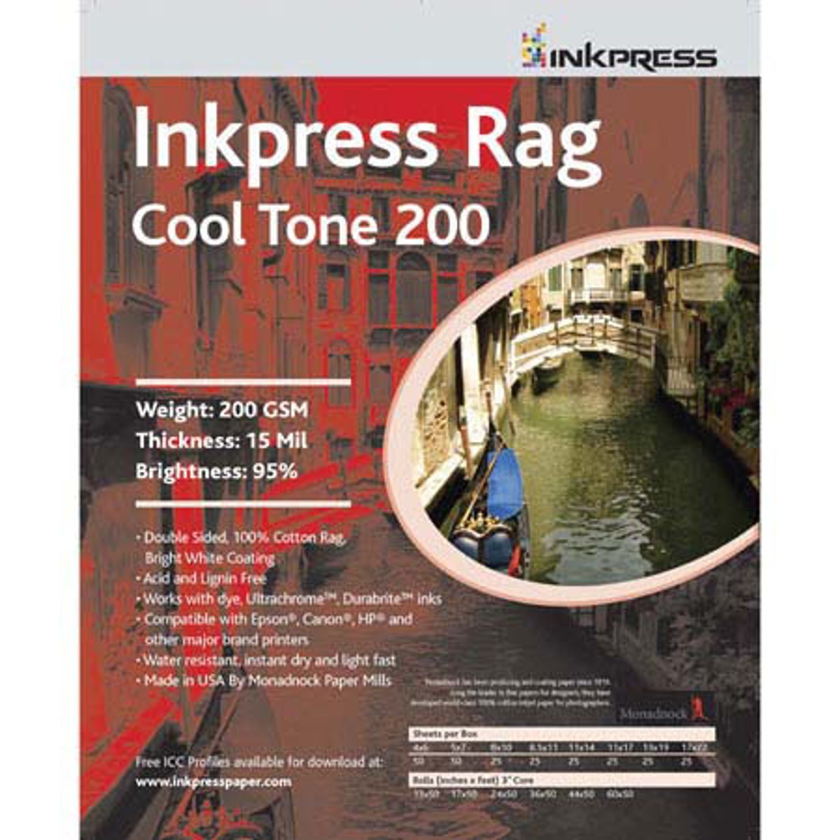 Inkpress Rag Cool Tone 200 Double Sided, Bright White Matte Inkjet Paper, 16 mil