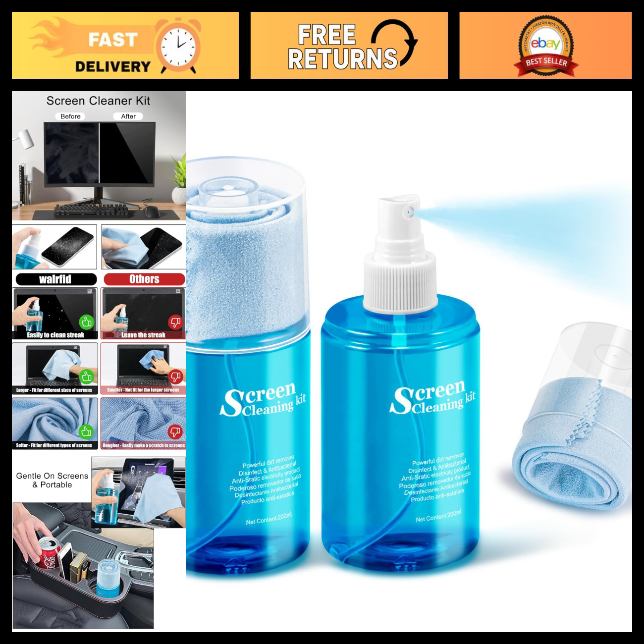 2 Pcs Touchscreen Cleaner Spray & Wipes, Car Screen Cleaning Kit for Electronics
