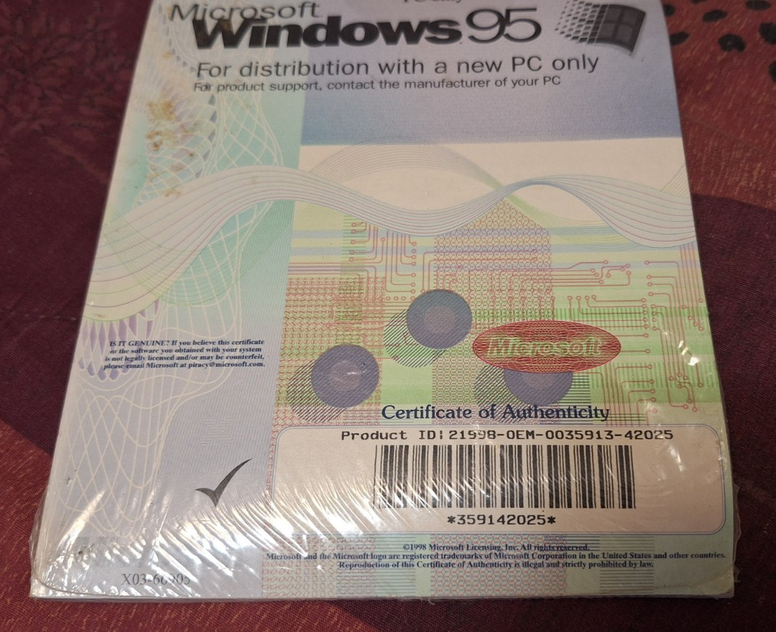NOS OEM HP Microsoft Windows 95 CD - Sealed with COA Certificate of Authenticity