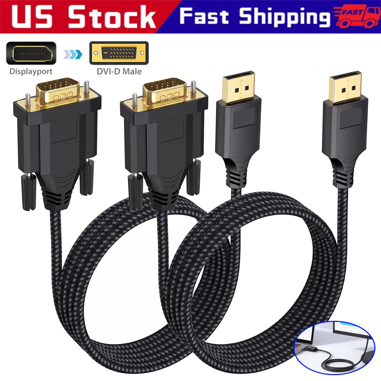 1/2x DisplayPort to VGA 6 Ft Cable,Uni-Directional DP Computer to VGA Compatible
