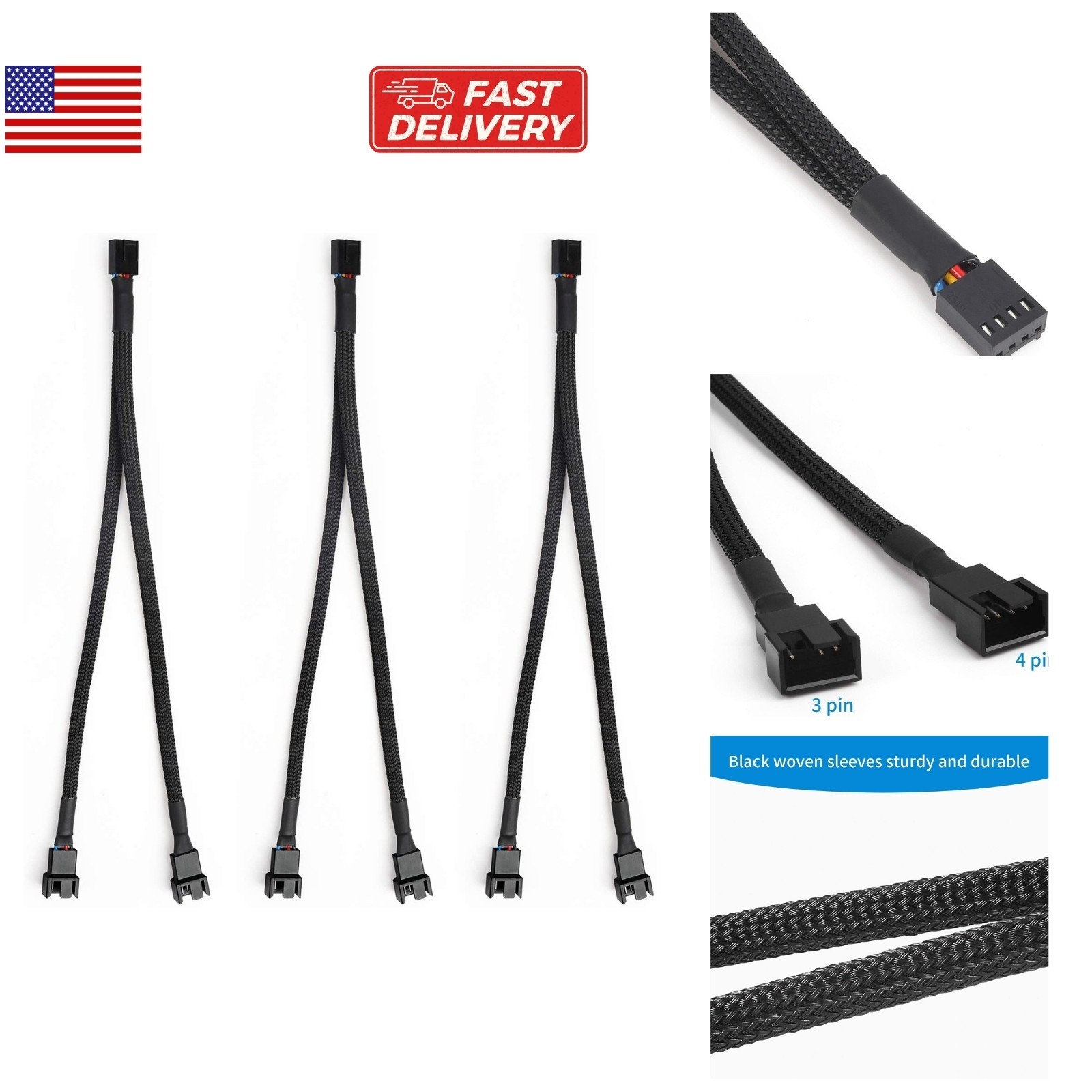 Aypzuke 3 Pack Computer PC PWM Fan Splitter Cable 1 to 2 (4 Pin+3 Pin)