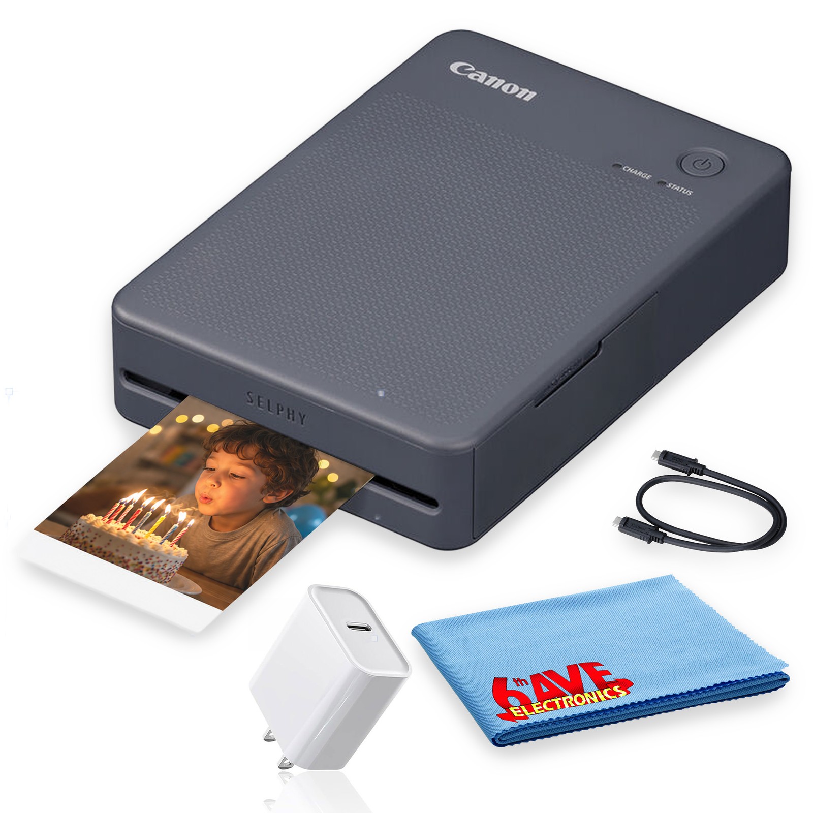 Canon SELPHY QX20 Portable Photo Printer Dark Gray USB-C Adapter Bundle
