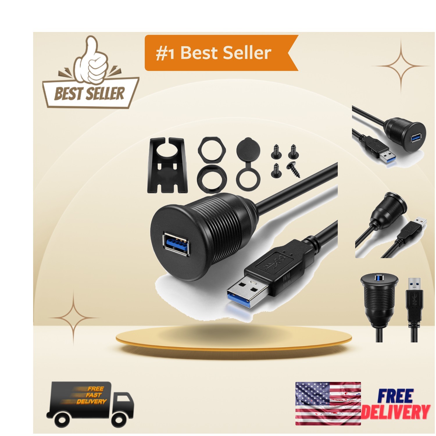 Compact 3ft USB 3.0 Flush Mount Car Extension Cable - Waterproof & Reliable