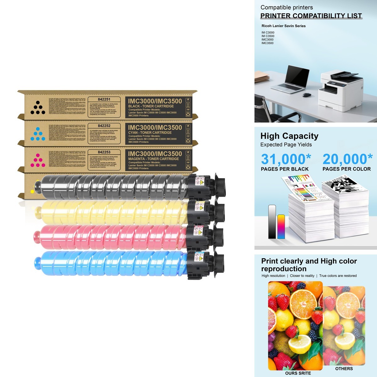 SRITE IMC3500 High Capacity Toner for Ricoh IM C3000 C3500 (4-Pack)