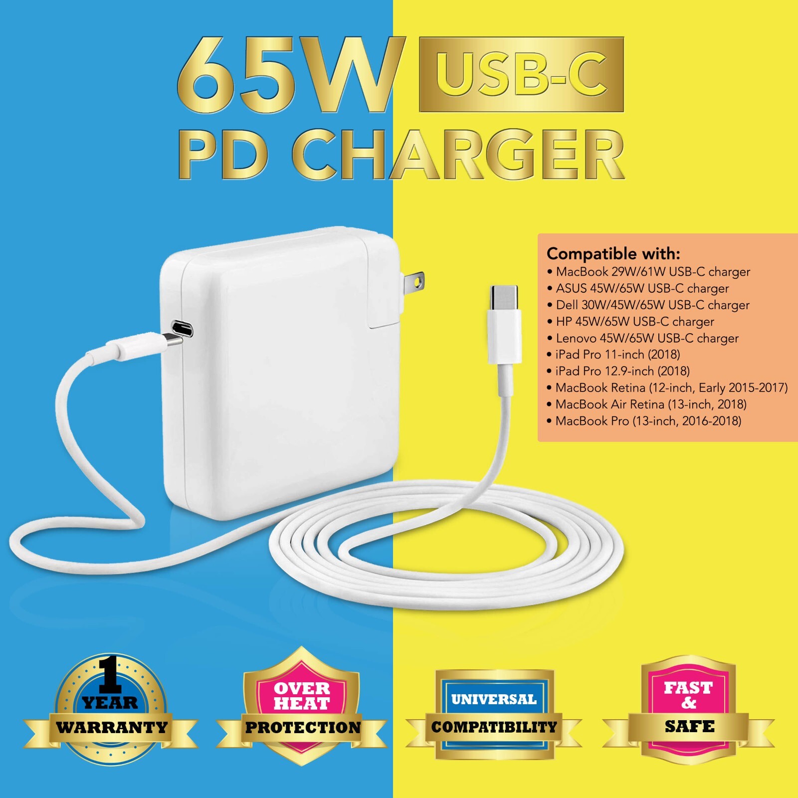 65W USB C Charger Laptop Power Adapter Supply Plug for MacBook Pro MacBook Air