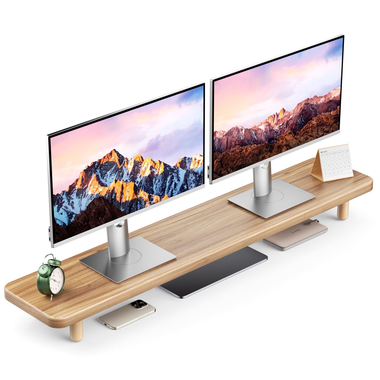 Dual Monitor Stand Riser, 39 Inch Extra Long Wooden Desktop Monitor Riser wit...