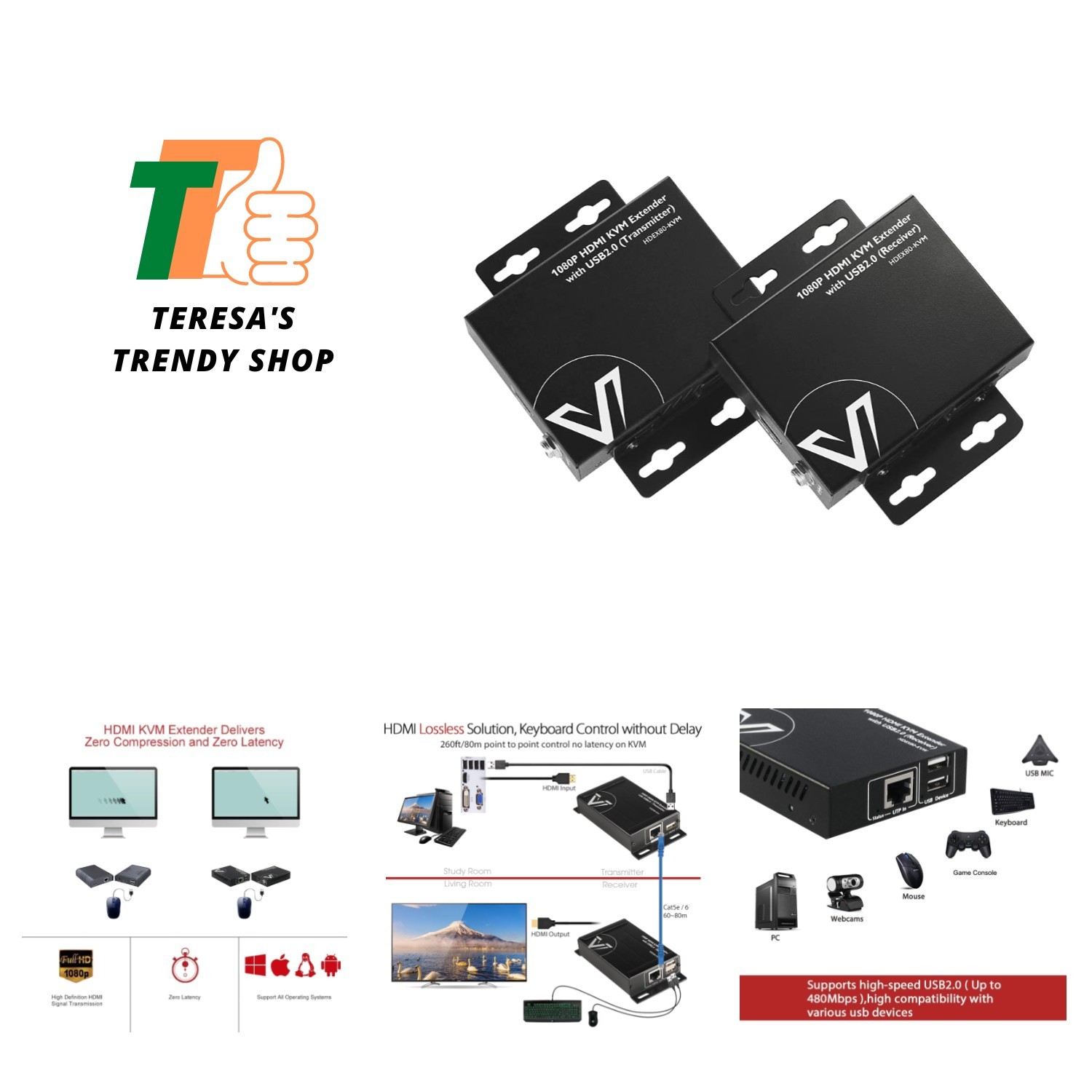 AV Access 1080P HDMI KVM USB Extender – 260ft/80M, Plug and Play Convenience