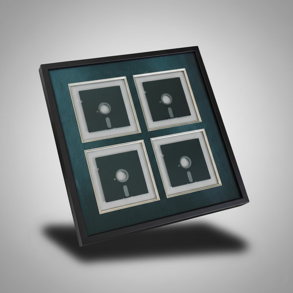 4 Floppy Disk Art 5.25" Shadow Box Frame 21x21 Vintage 70s 80s Tech Nostalgia