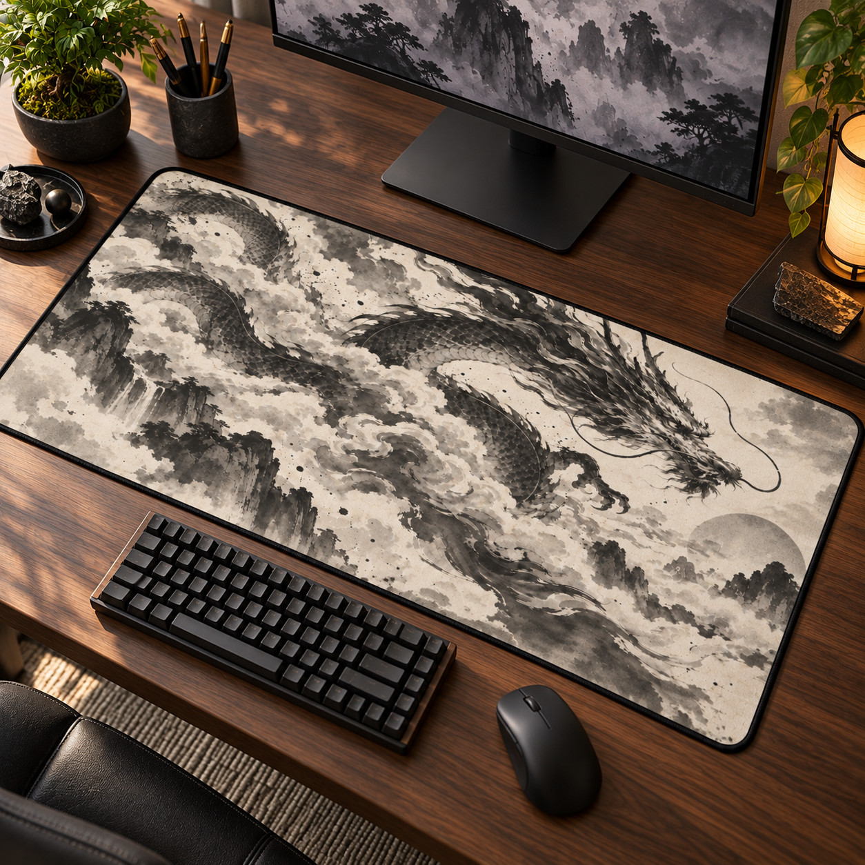 Dragon Desk Mat, Ink Wash Mouse Pad, Black White Gaming Desk Decor