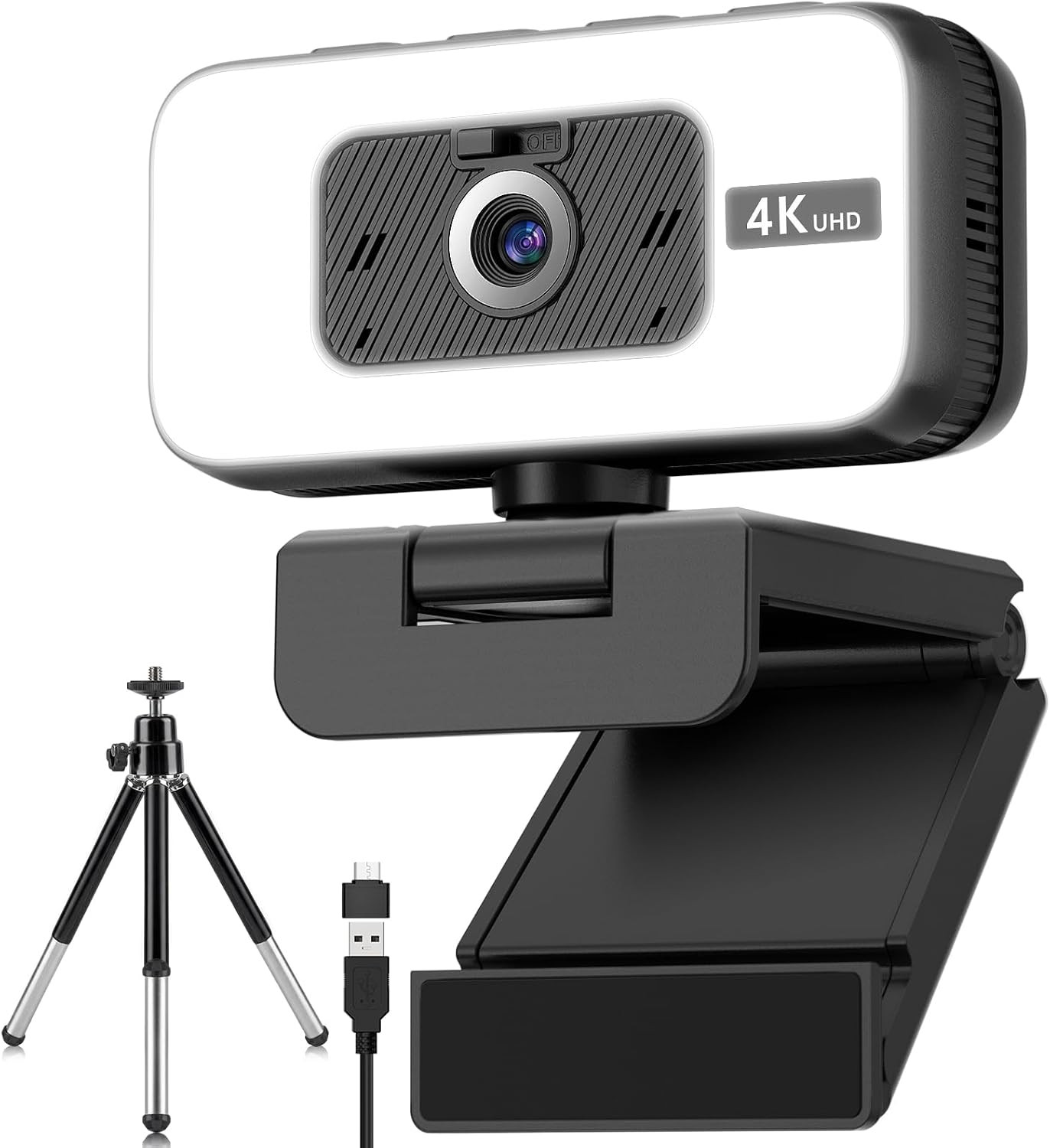 4K Webcam for PC, AutoFocus Webcam with Light for Desktop Computer