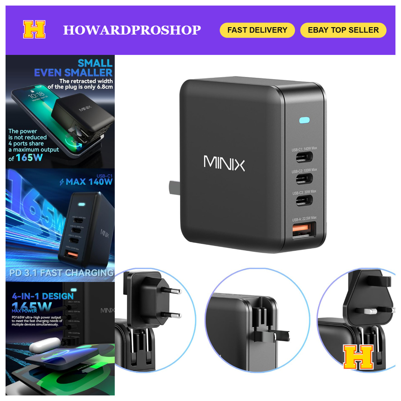 165W USB C Charger, 140W PD 3.1 GaN Fast Charging Station for Laptops & Devices