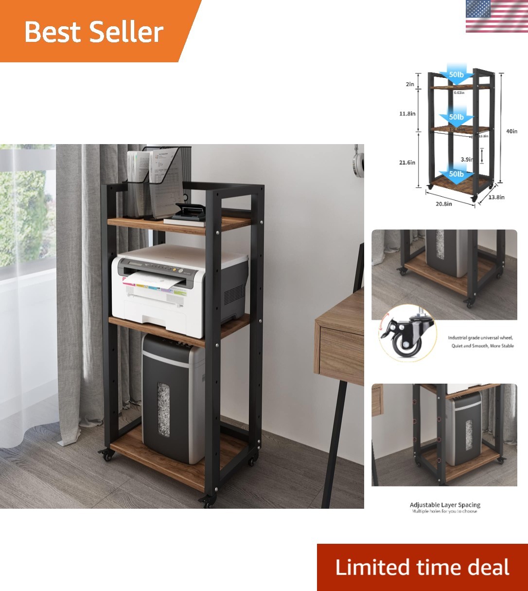 Rustic 3-Tier Movable Storage Rack for Printer, Shredder, and Office Supplies
