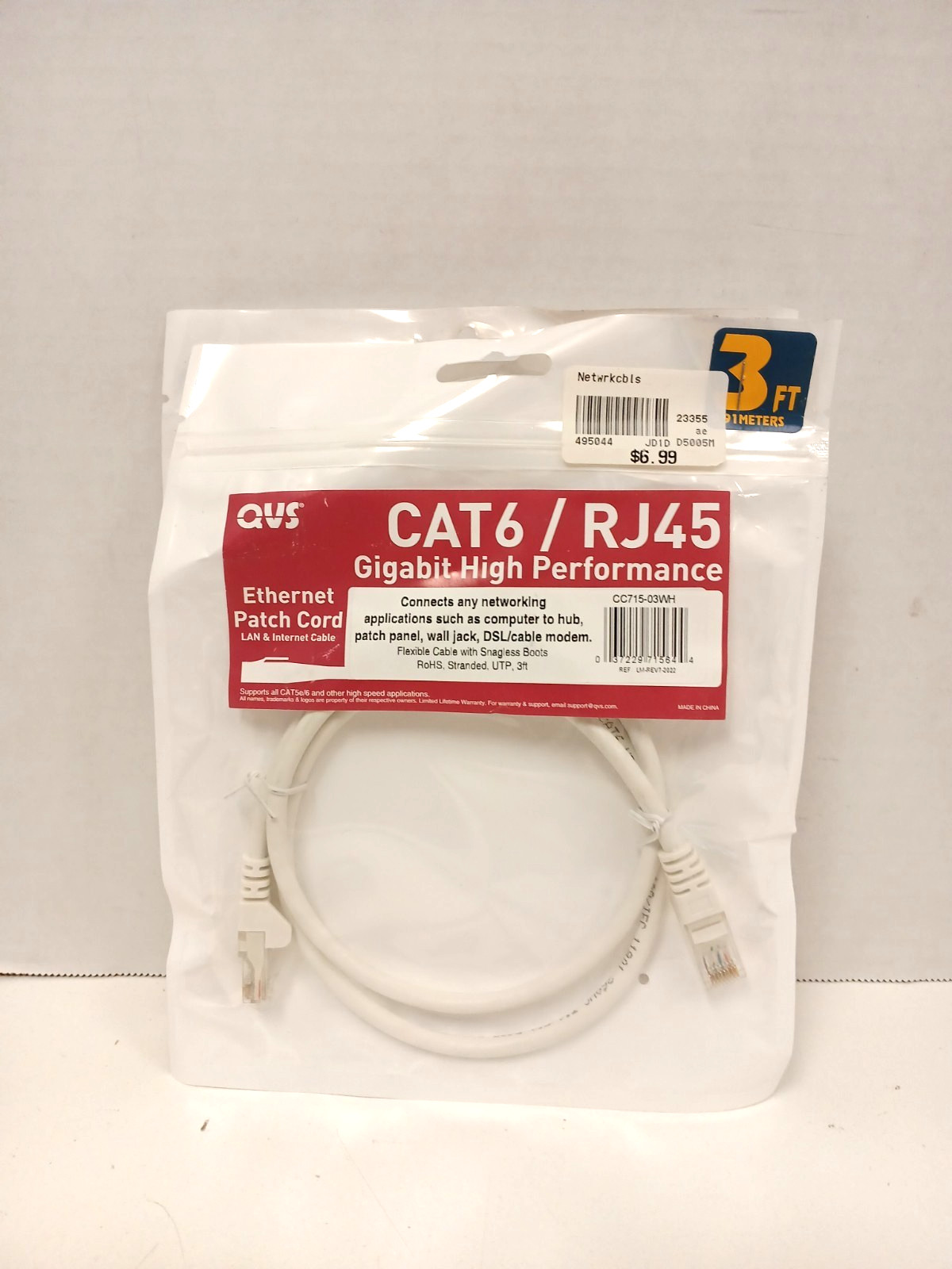 Set of 2 QVS CAT6/RJ45 Gigabit UTP Ethernet Patch Cord, 3ft White