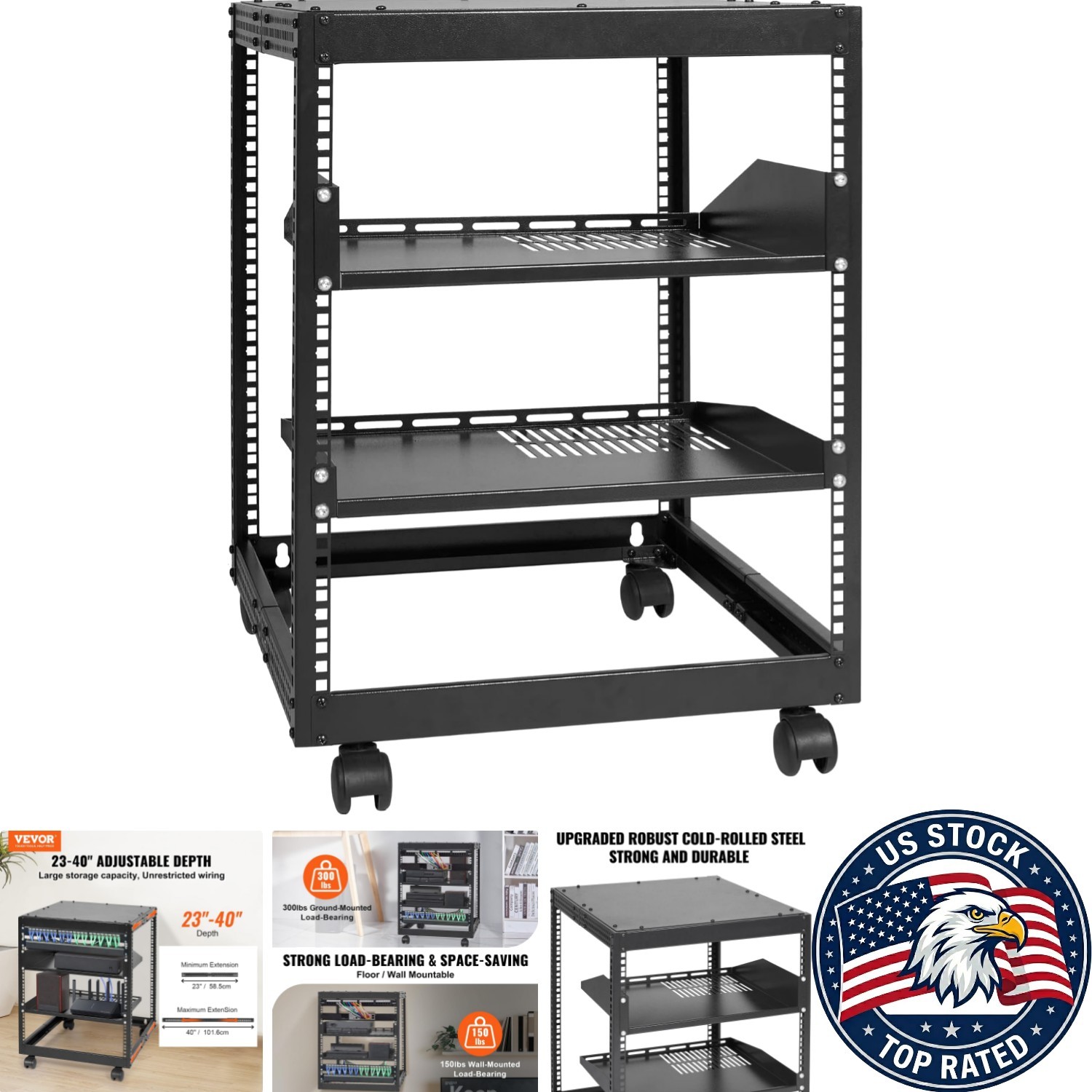 User-Friendly 12U Black Open Frame Server Rack - Complete Accessories Included
