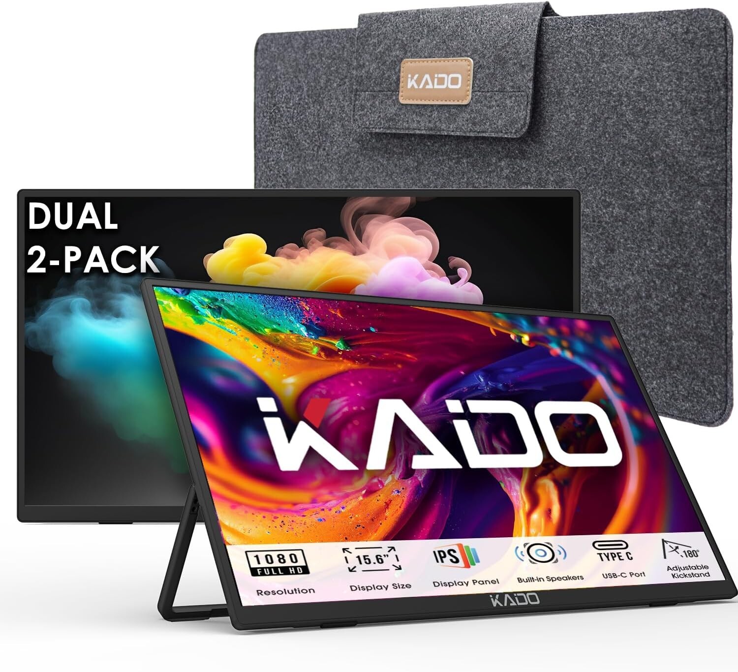 Kado Dual Portable Monitor Setup - 2-Pack 15.6'' FHD 1080p, Ultra-Slim 1920x1080