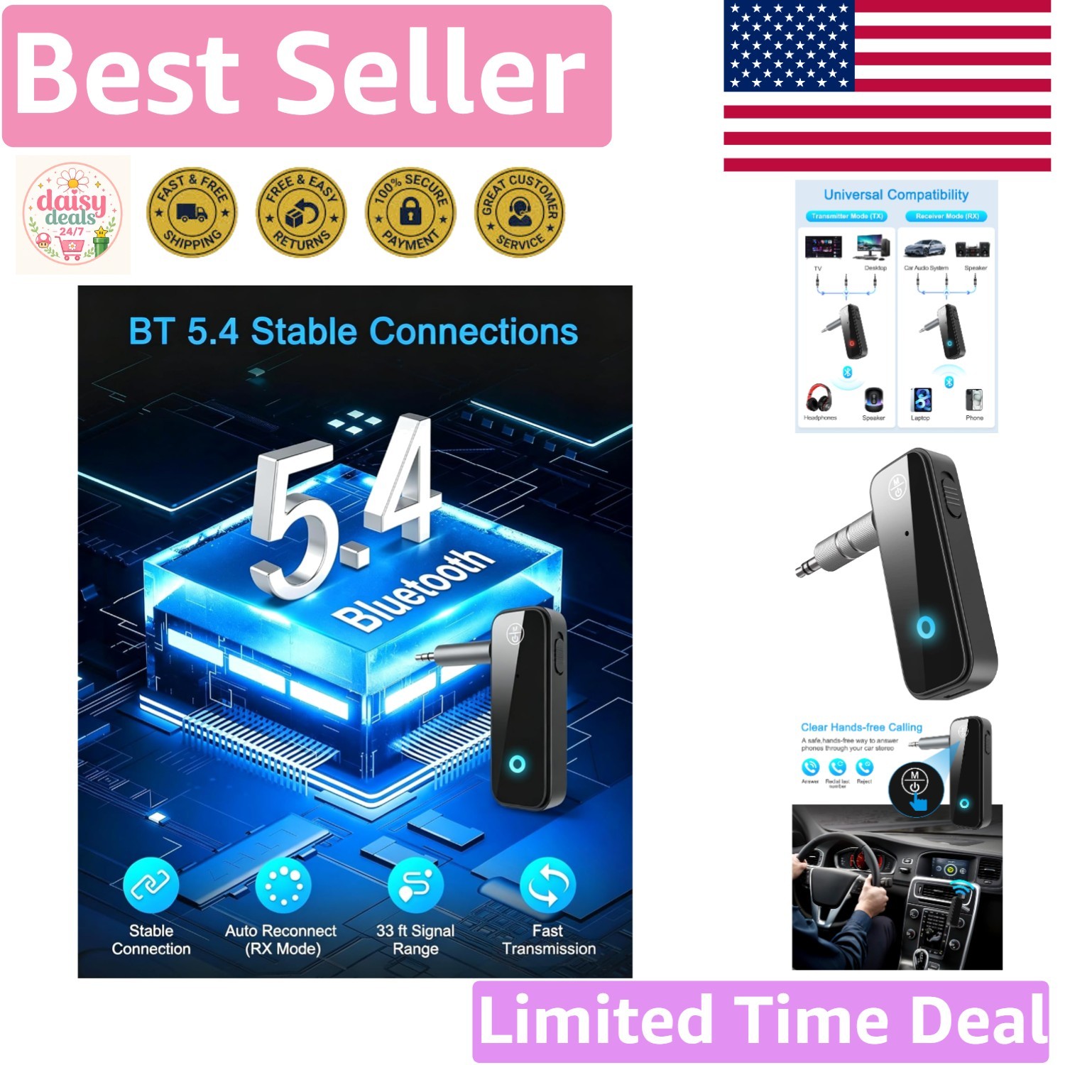 Compact Bluetooth 5.4 Audio Adapter - 2-in-1 Receiver & Transmitter for Your Car