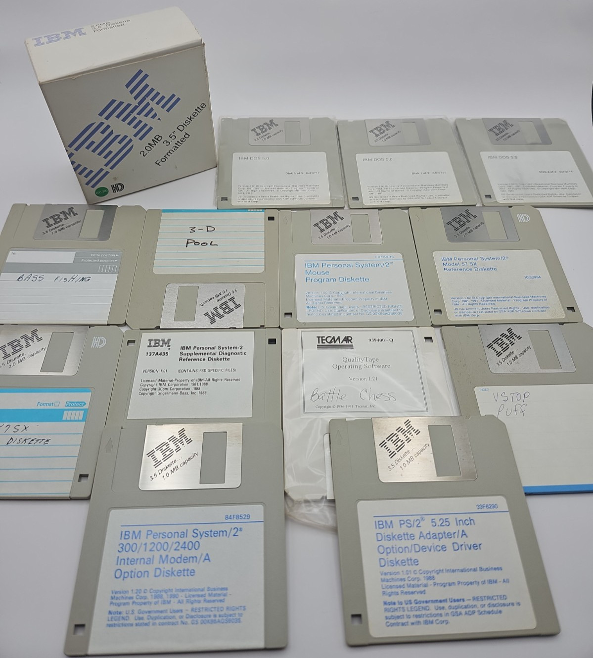 IBM 2.0MB Diskette Floppy Disk Set 3.5'' Formatted DOS 5.0 Bass Fishing Chess