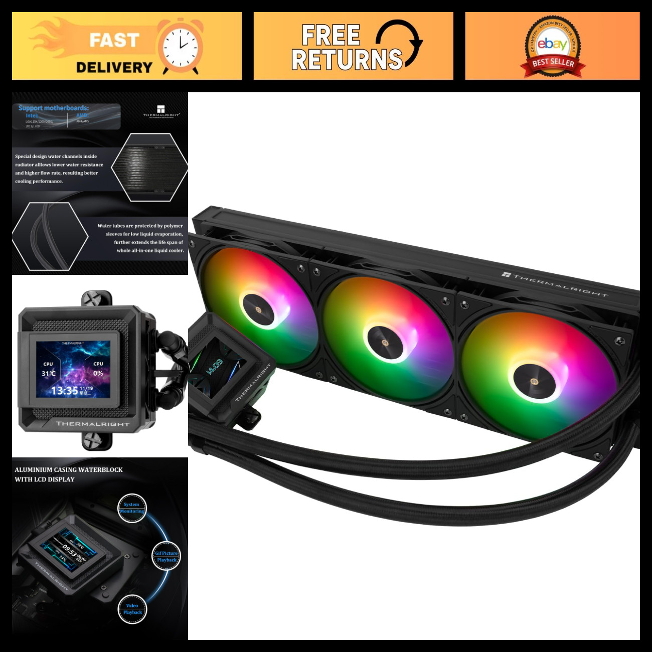 High-Performance 360mm ARGB CPU Liquid Cooler - Thermal Management for Gaming PC