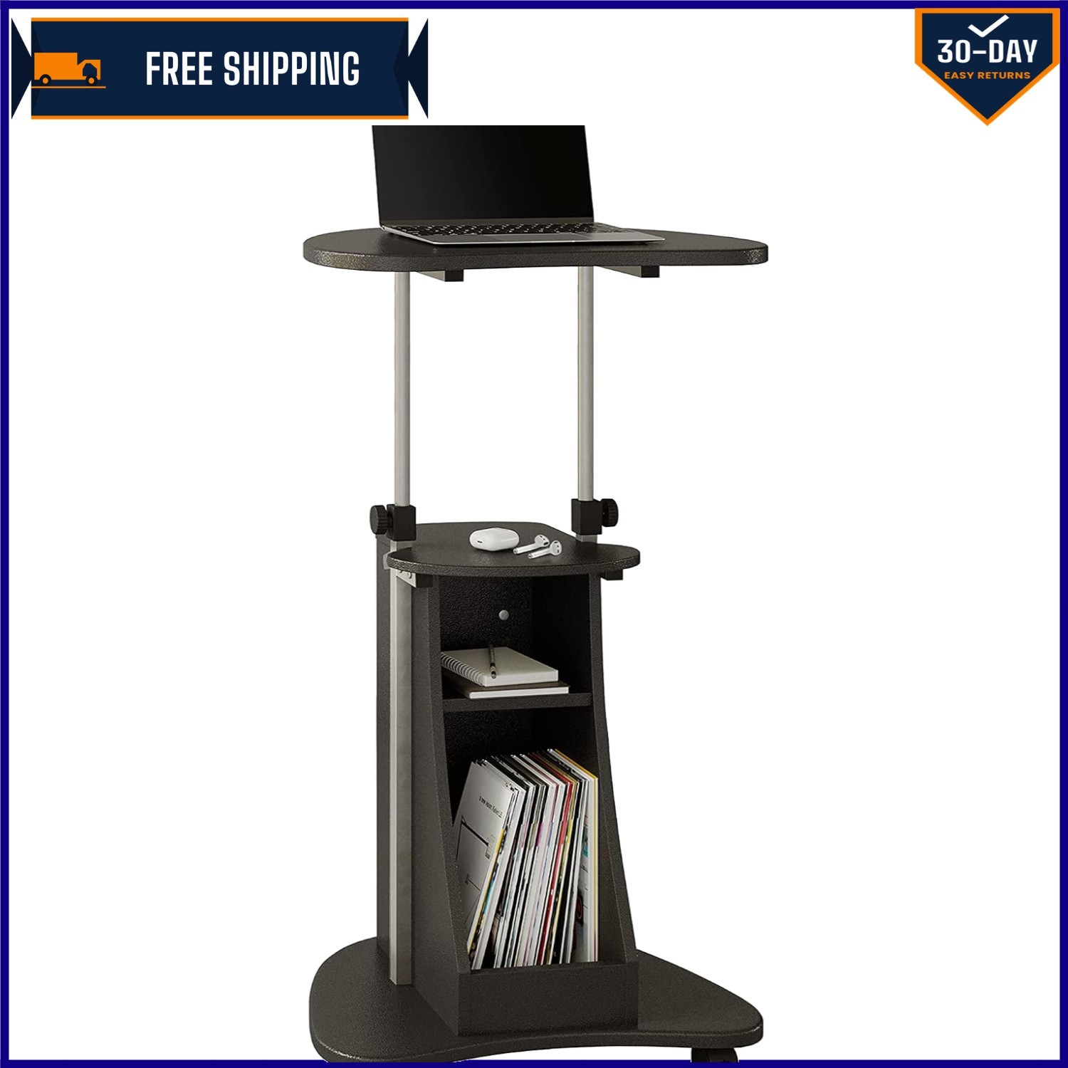 Contemporary Adjustable Height Rolling Laptop Cart with Ample Storage Solutions