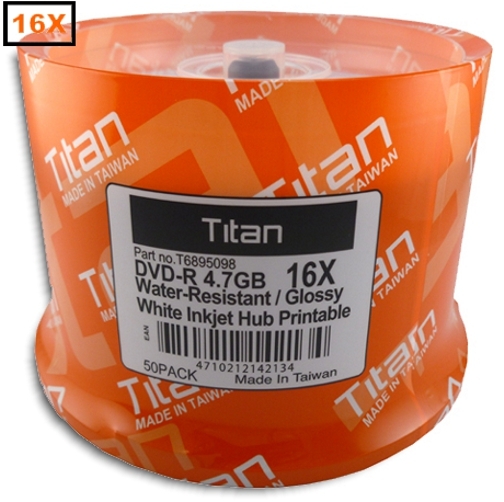 100-Pak Titan =WATER-RESISTANT= White Inkjet Hub =SEMI-GLOSSY= 16X DVD-R's
