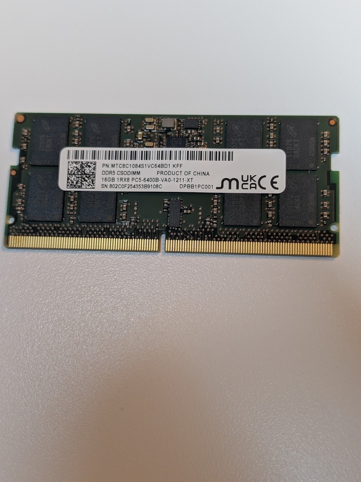 Micron 1x16GB DDR5 6400 CL52 CSODIMM Laptop Memory Intel Core