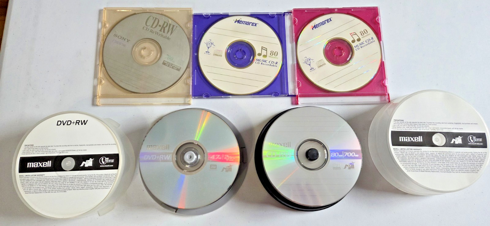 UNUSED 13 NO-NAME DVD-R; 10 MAXELL DVD+RW; 21 MAXELL CD-RW; 2 MEMOREX CD-R +1