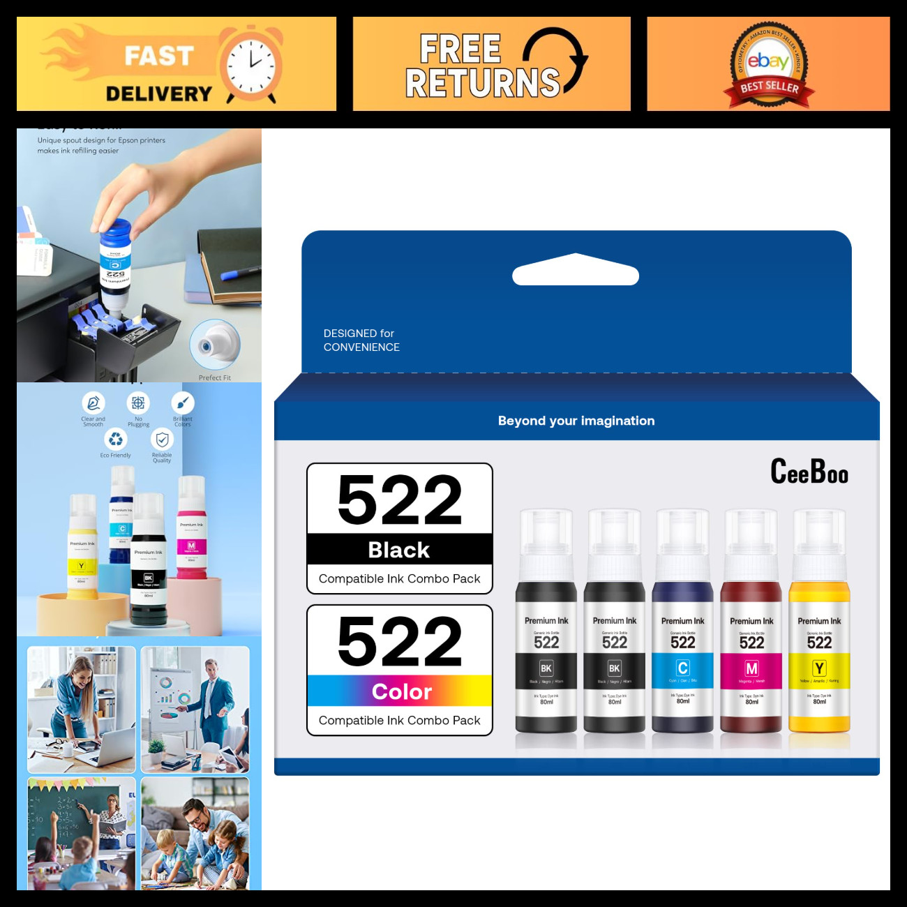 High Capacity Refill Ink for Epson 522 - 5 Bottles, EcoTank ET-2803 ET-2720 ET-4