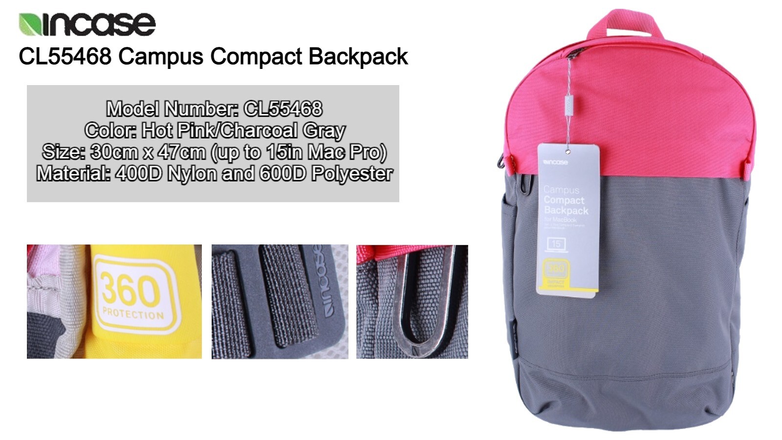 Incase Campus Compact laptop backpack (CL55468) - Hot Pink/Charcoal Gray