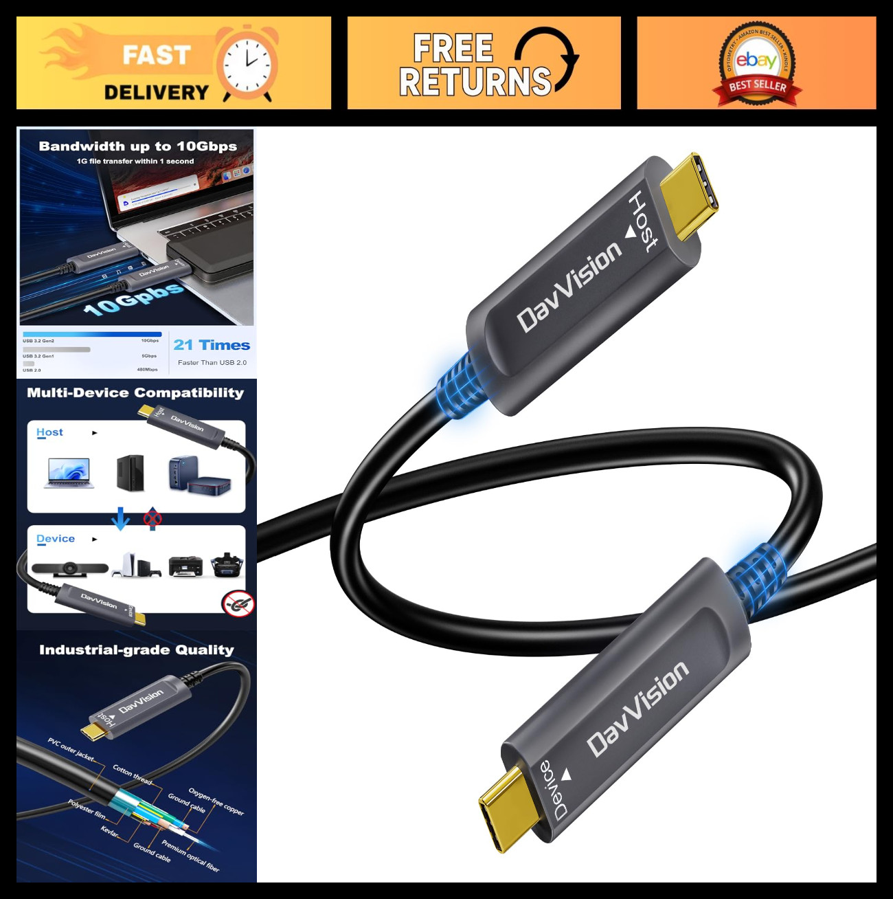 33FT USB C Fiber Optic Cable, 10Gbps Active USB 3.2 Gen2, Ultra Slim for 4K Came
