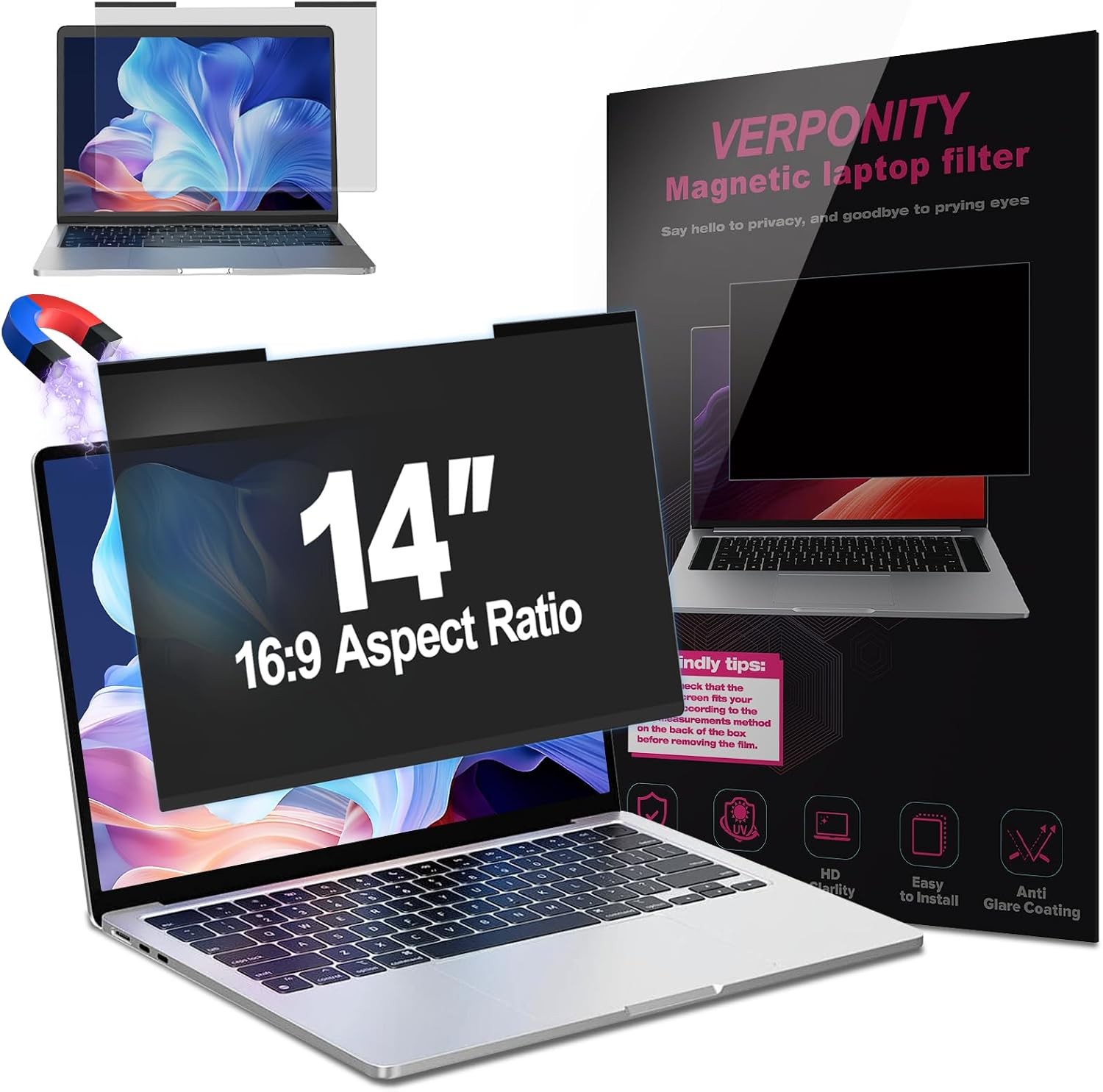 14 Inch Magnetic Privacy Screen for Laptops, Removable Anti-Glare Shield