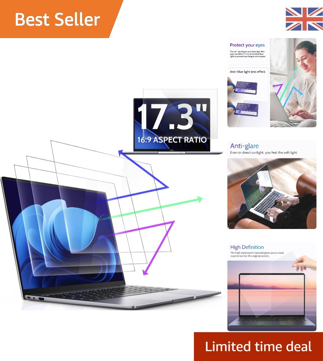 High Definition 3-Pack Anti Blue Light Screen Protectors for 17.3 Inch Laptops