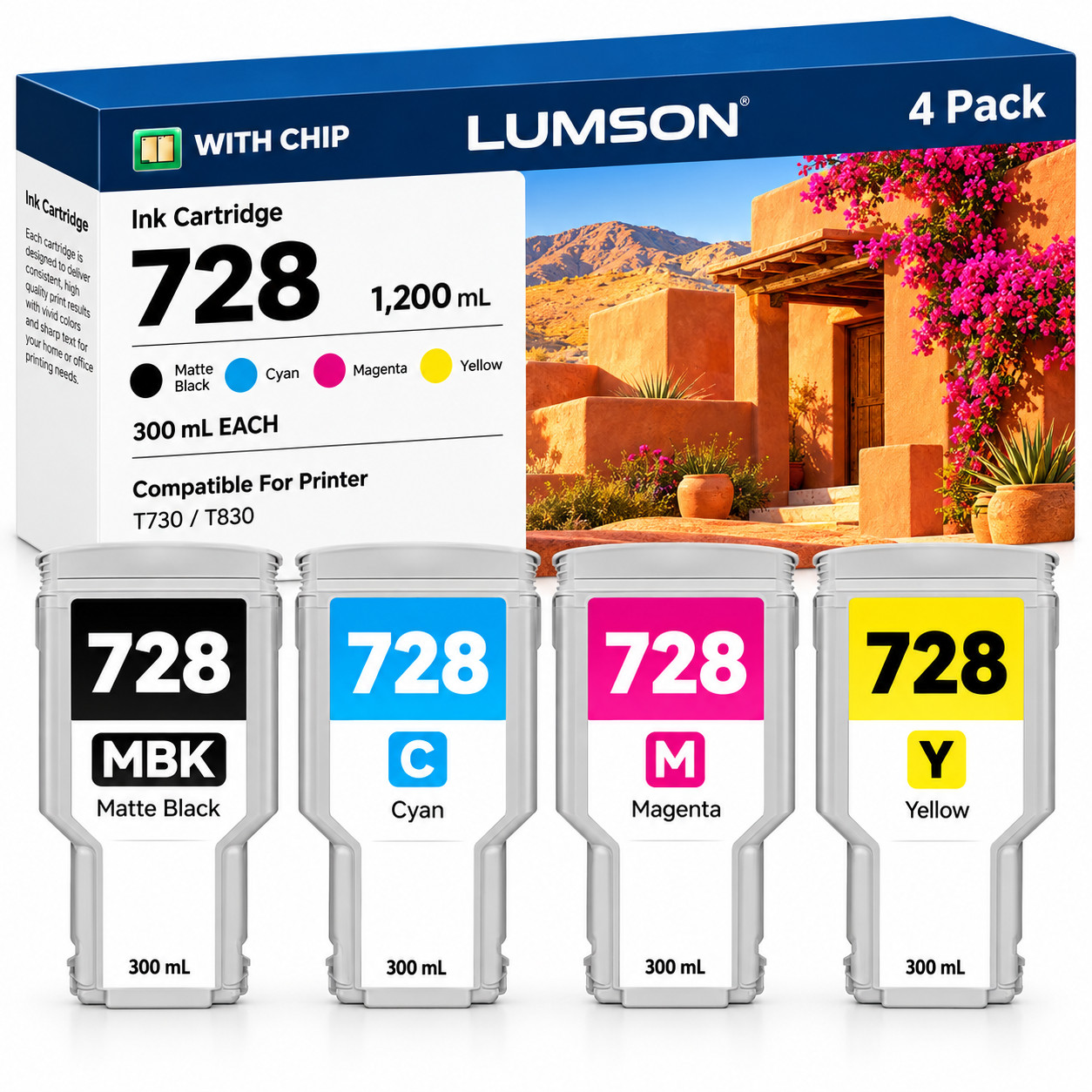 728 Ink Cartridges set 4-Pack High Yield Compatible For DesignJet T830 MFP T730