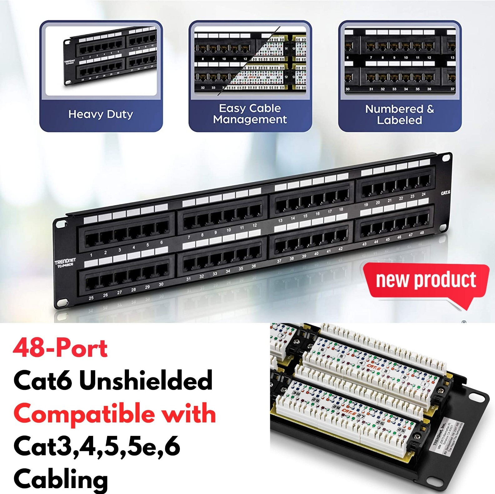 48-Port Cat6/RJ45 Patch Panel Wall/Rack Mount for Gigabit Ethernet Home Network