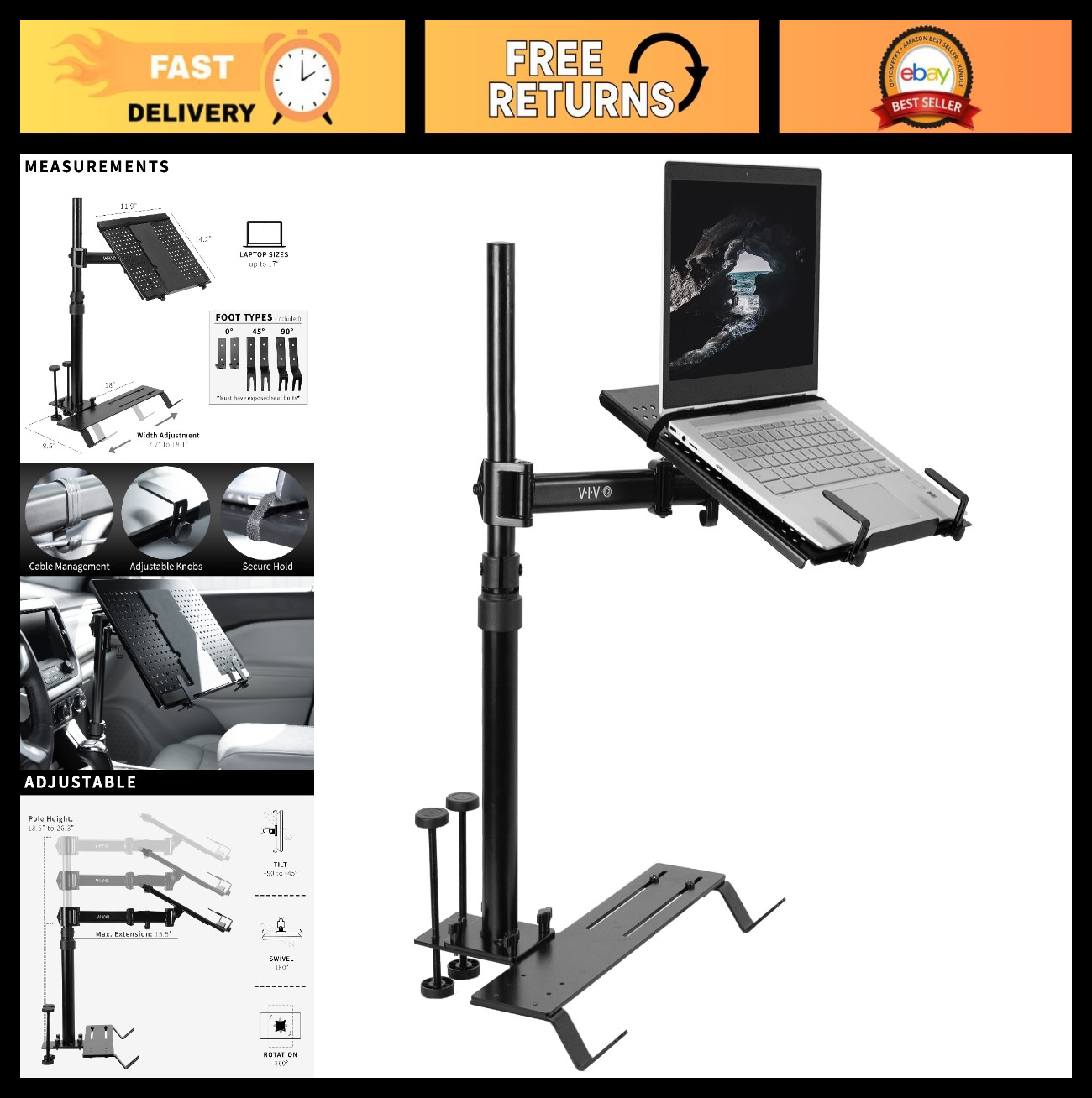 Adjustable Laptop Car Mount for Trucks, Vans & SUVs - Height & Angle Adjustable