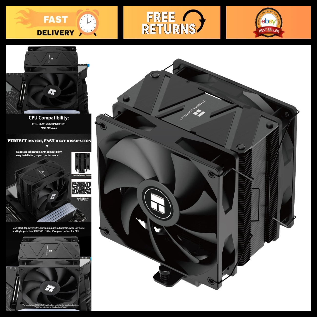 High-Performance CPU Cooler, 6 Heat Pipes, Double PWM Fans, AMD/Intel Compatible
