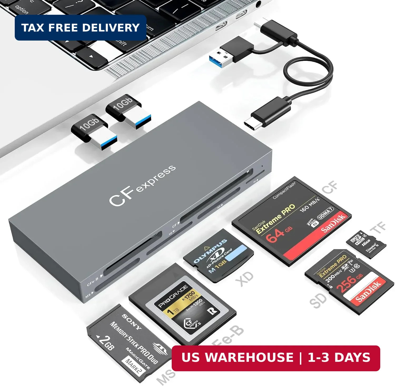 8 in 1 CFexpress Type B Card Reader with 2 10Gb USB, USB3.2 Gen2 10Gbps CF Expre