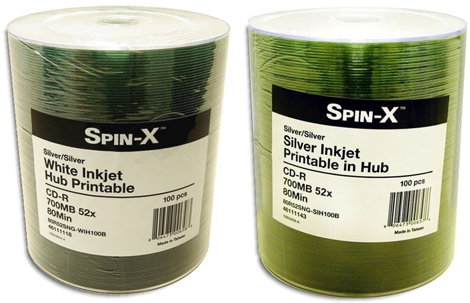 200-Pak Spin-X Inkjet Hub Printable 52X 80-Min CD-R's (100 white & 100 silver)