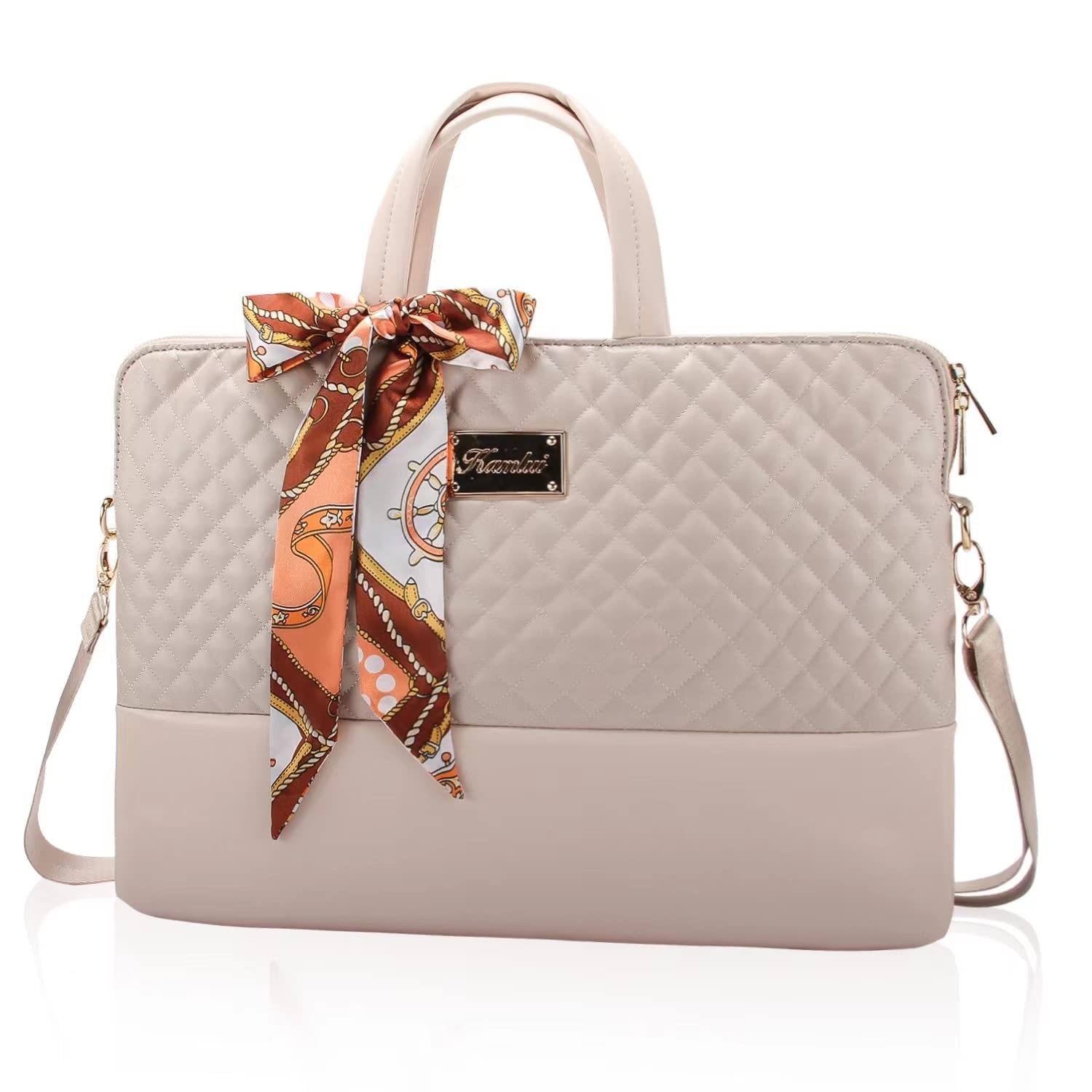 Laptop Bag for Women Carrying Computer Case PU Leather Khaki Fits 15.6 Inch