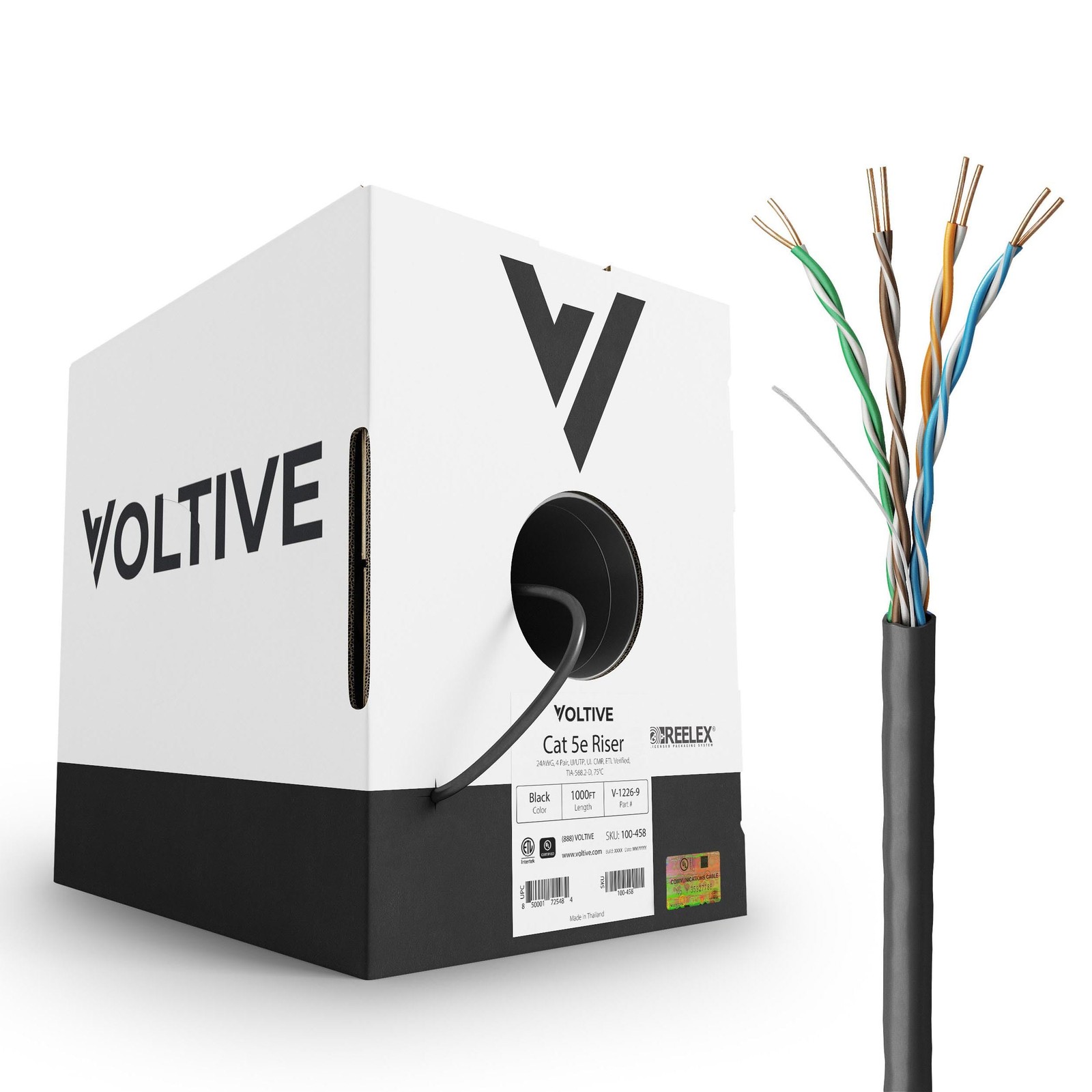 Voltive Cat5e Ethernet Cable, Riser (CMR), Black, 1000ft - 1000ft, Black