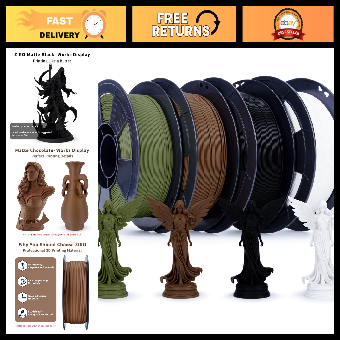 3D Printer Filament Bundle - Matte PLA 1KG x 4 Spools, High-Quality 3D Printing