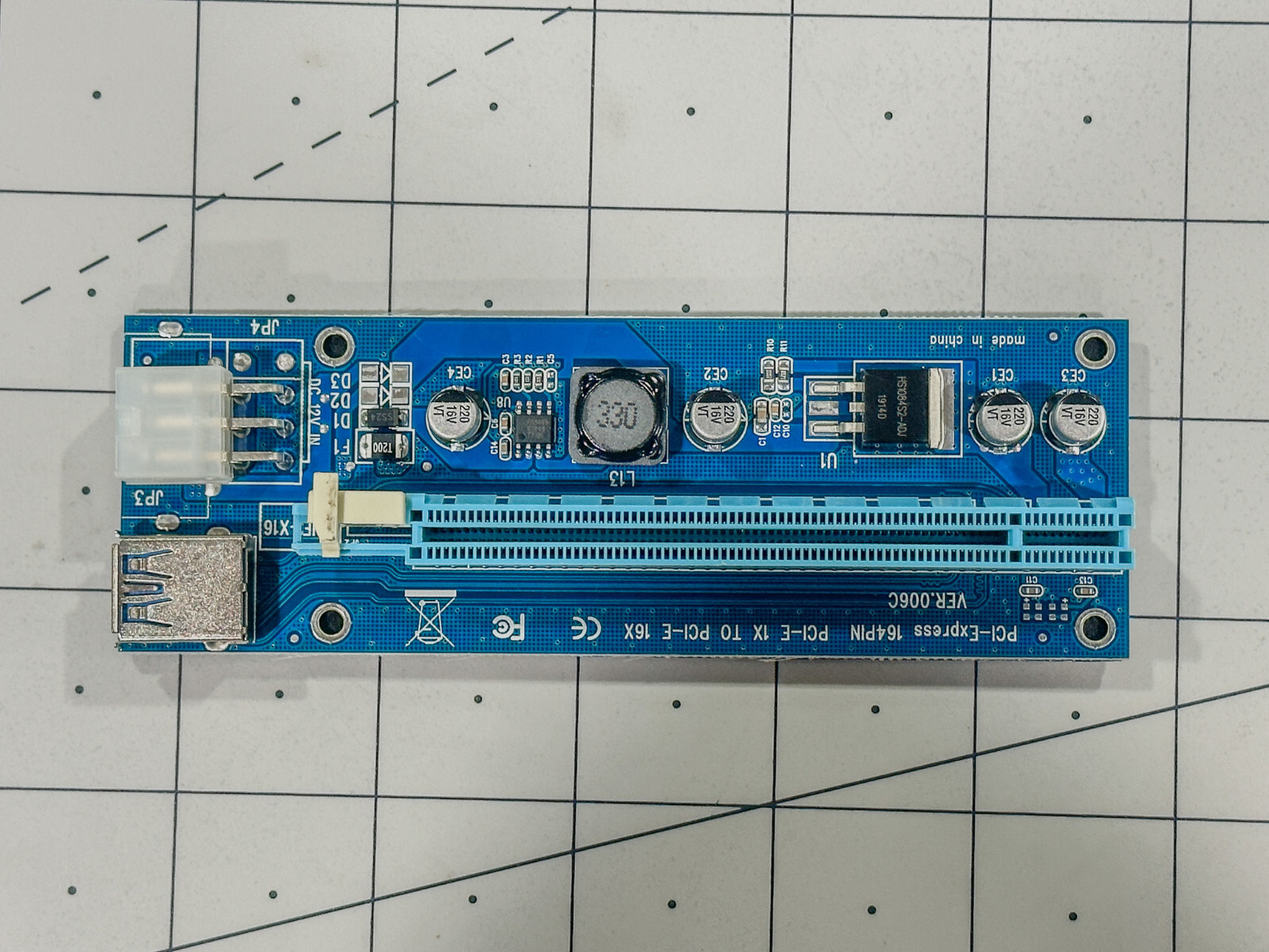 ubit PCI-E 1X to 16X Riser Card with data and power cables