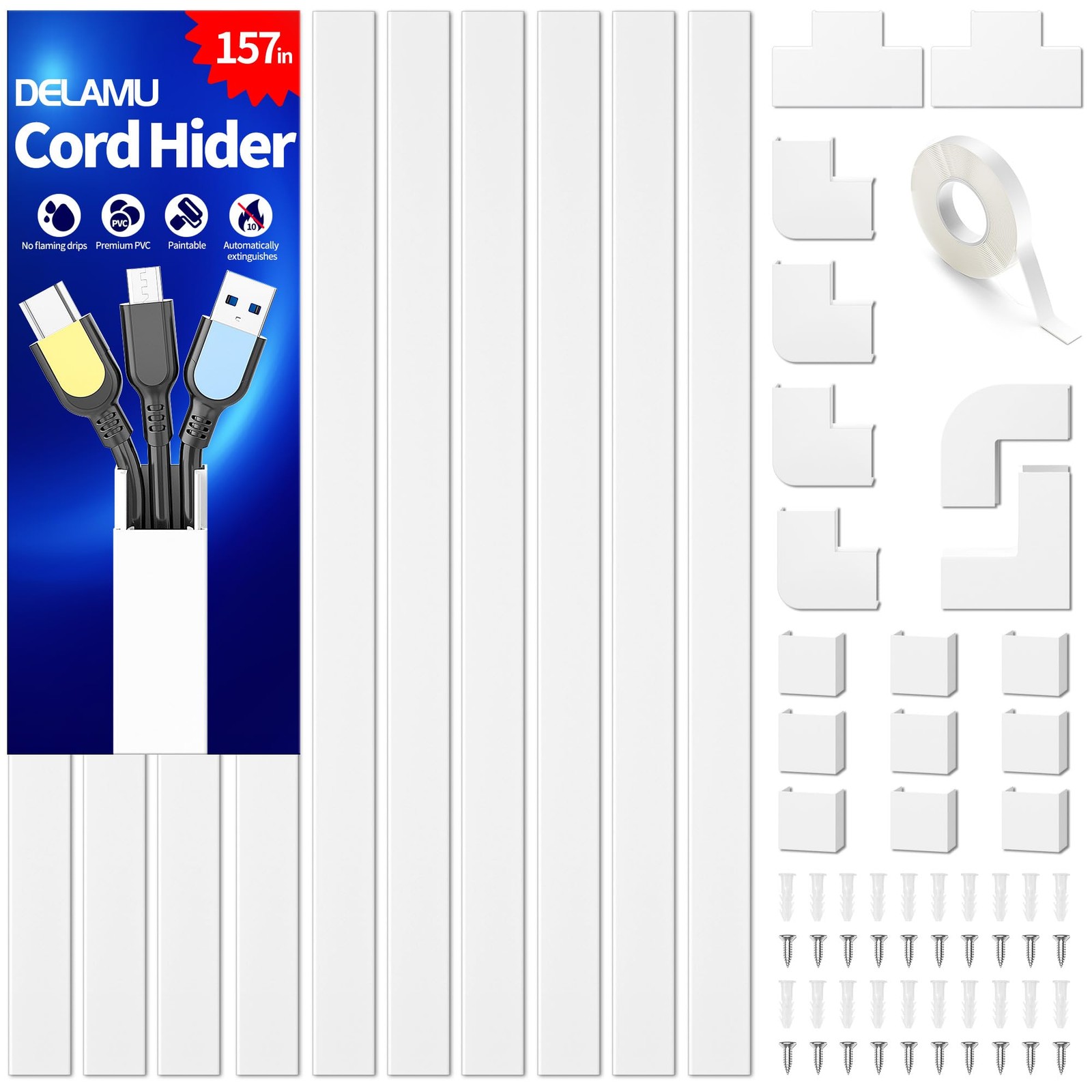Delamu Cord Hider 157in Cable Raceway W0.95 H0.55in White